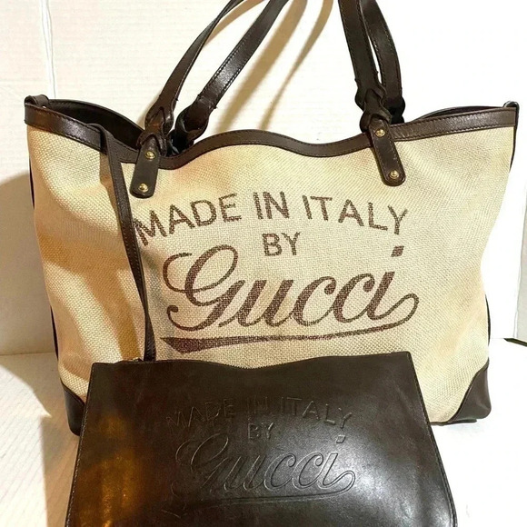 Gucci canvas leather tote with detachable pouch bag - Picture 1 of 15